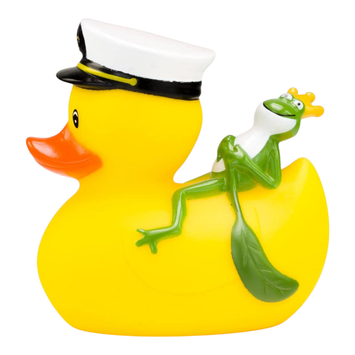 Connemara Country yellow rubber duck wearing a captain hat with a frog king sitting on its back