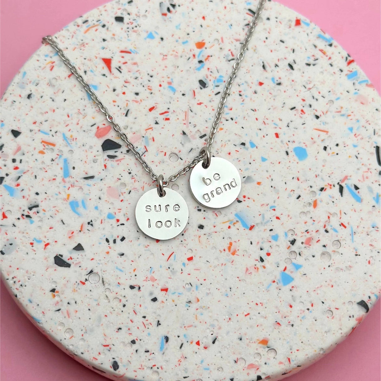 Rudies and Co 'Sure Look Be Grand' Engraved Disc Necklace