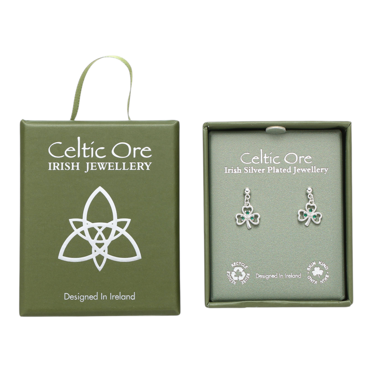 Celtic Ore Shamrock & 3 CZ Green Earrings