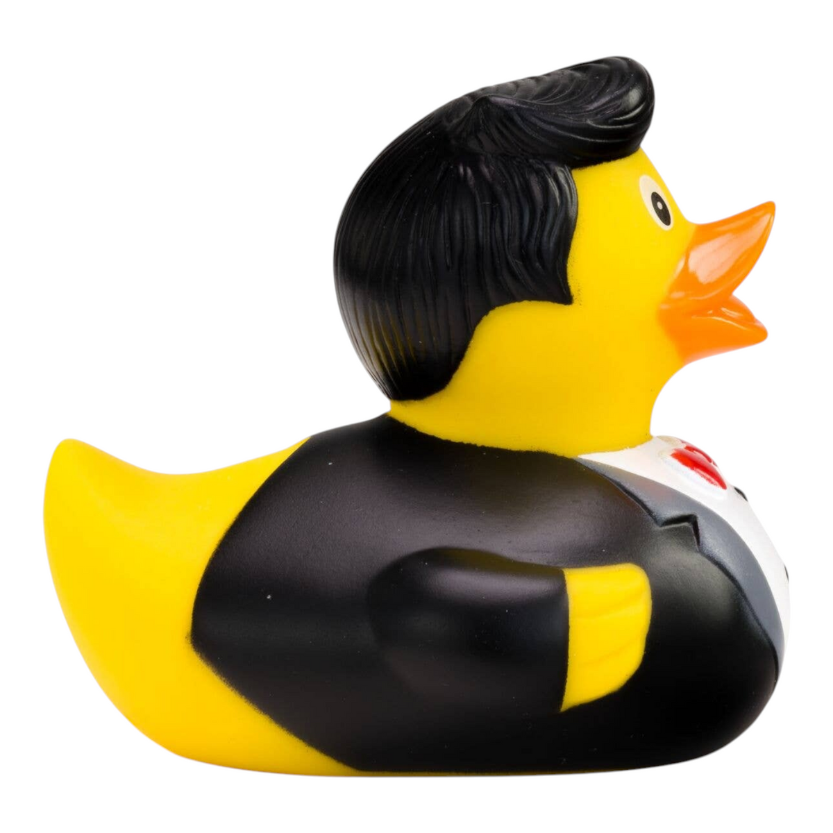 Connemara Country rubber duck dressed as a groom in a black suit, white shirt, and red bow tie with a red rose.