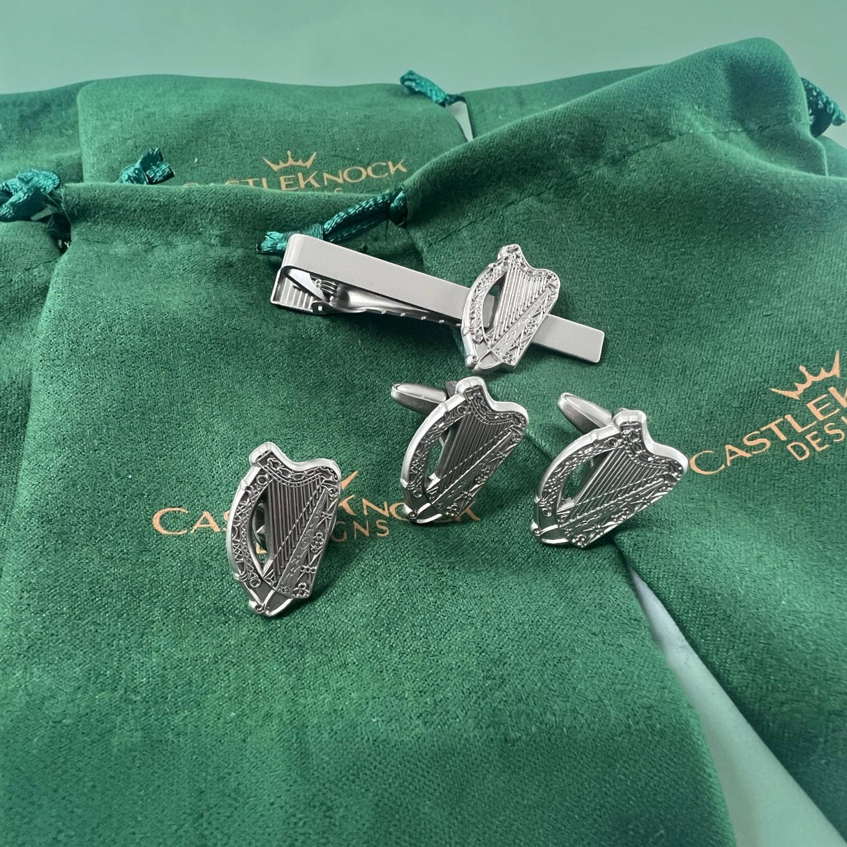 CastleKnock Designs Irish Harp Silver Plated Cufflinks Tie Clip and Suit Pin