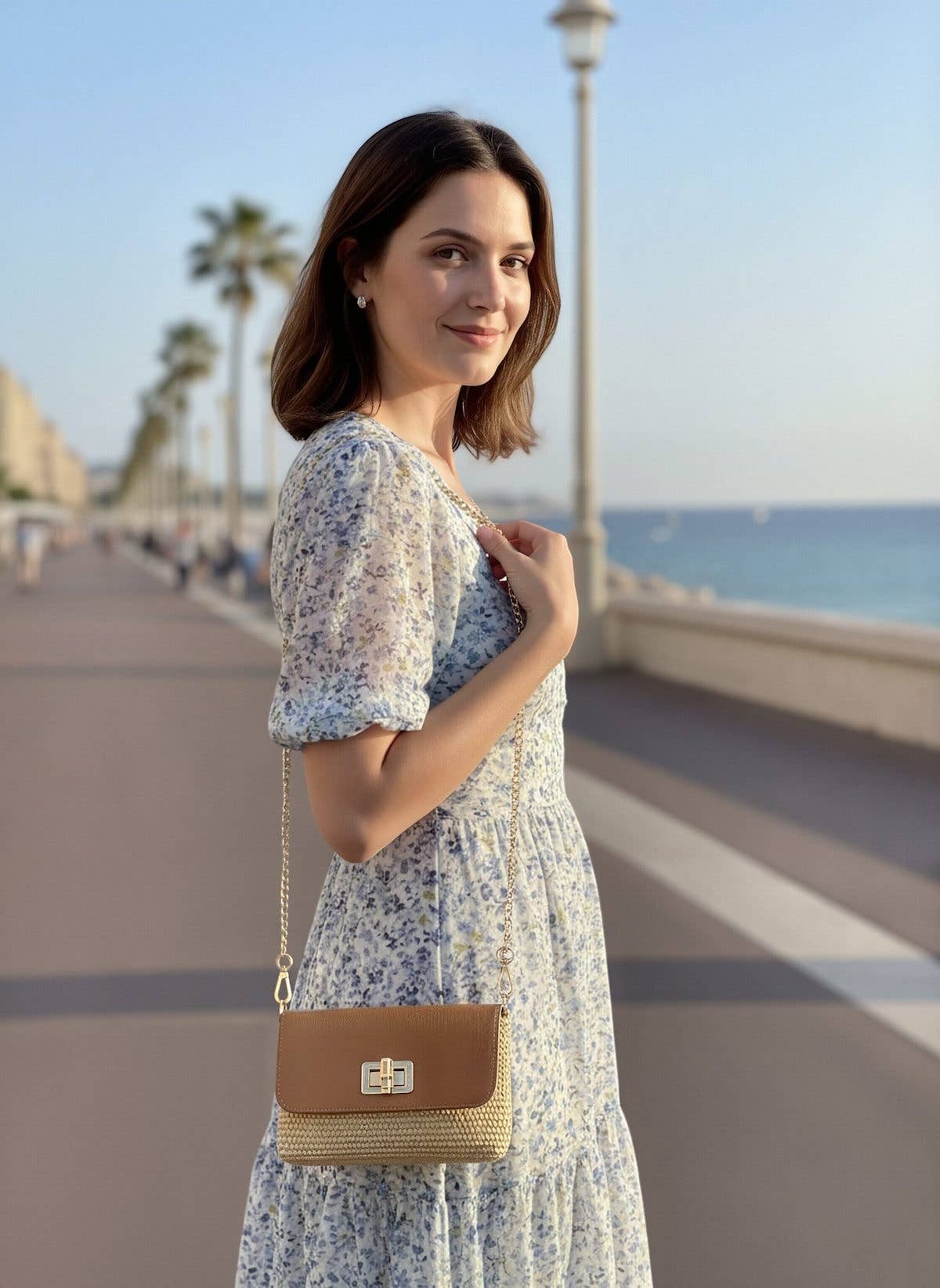 Suie Valentini Leather and Raffia Straw Mini Handbag with Chian