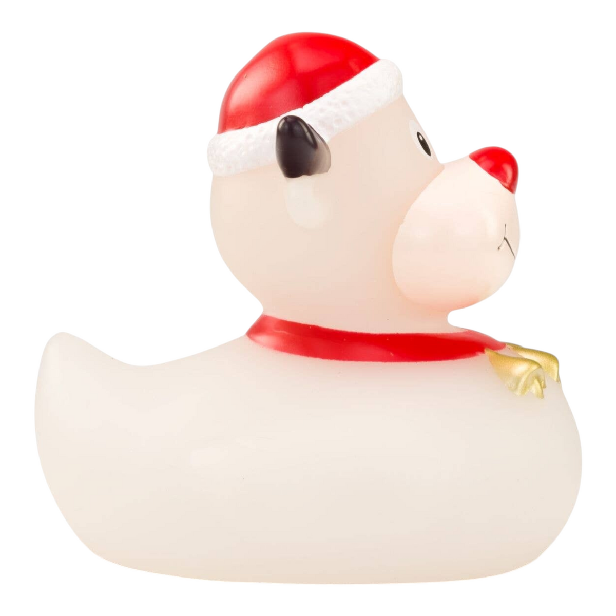 Connemara Country Rudolph the Reindeer rubber duck with a red nose, Santa hat, and collar with golden bells.