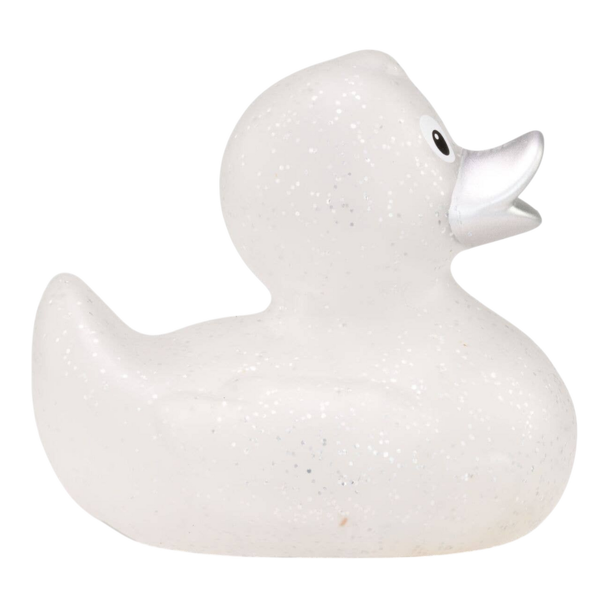 Connemara Country Silke Silver Glitter bath duck with a transparent body, silver sparkles, and a solid silver beak.