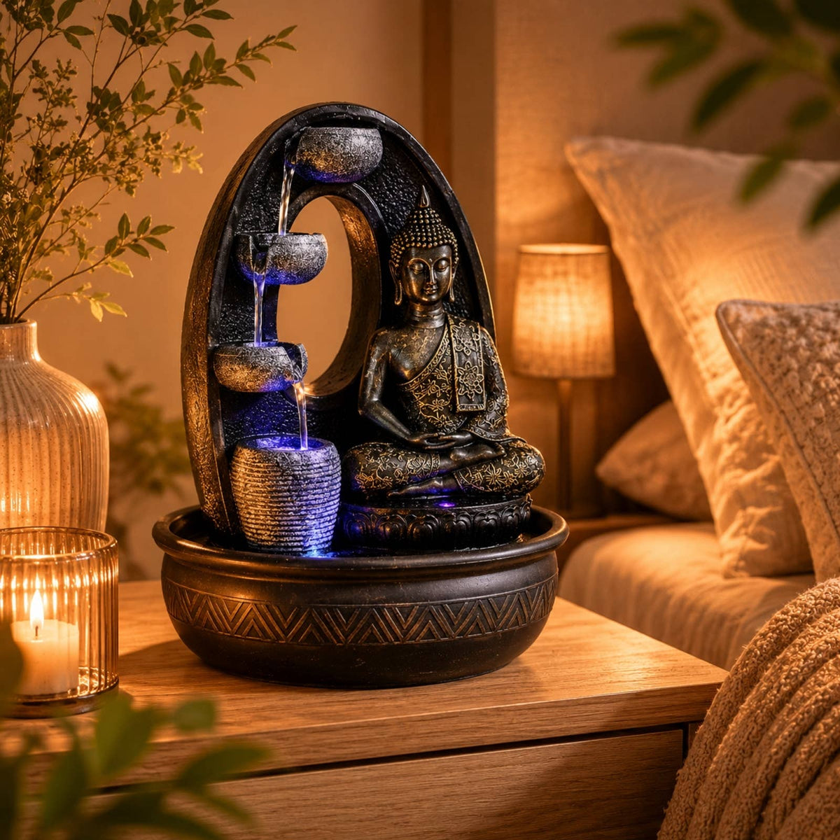 Connemara Country Zen Aroma Buddha fountain with multi-level water flow, realistic stone-look resin, and LED lighting.
