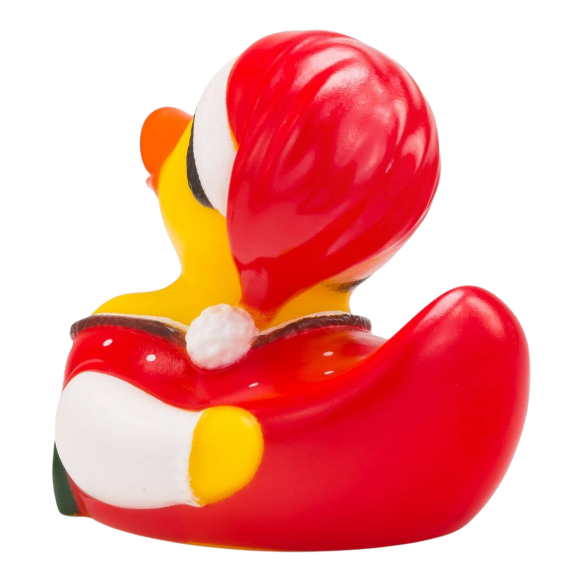 Connemara Country Theresa Trachtenherz rubber duck wearing a red alpine costume and Christmas hat, back view.