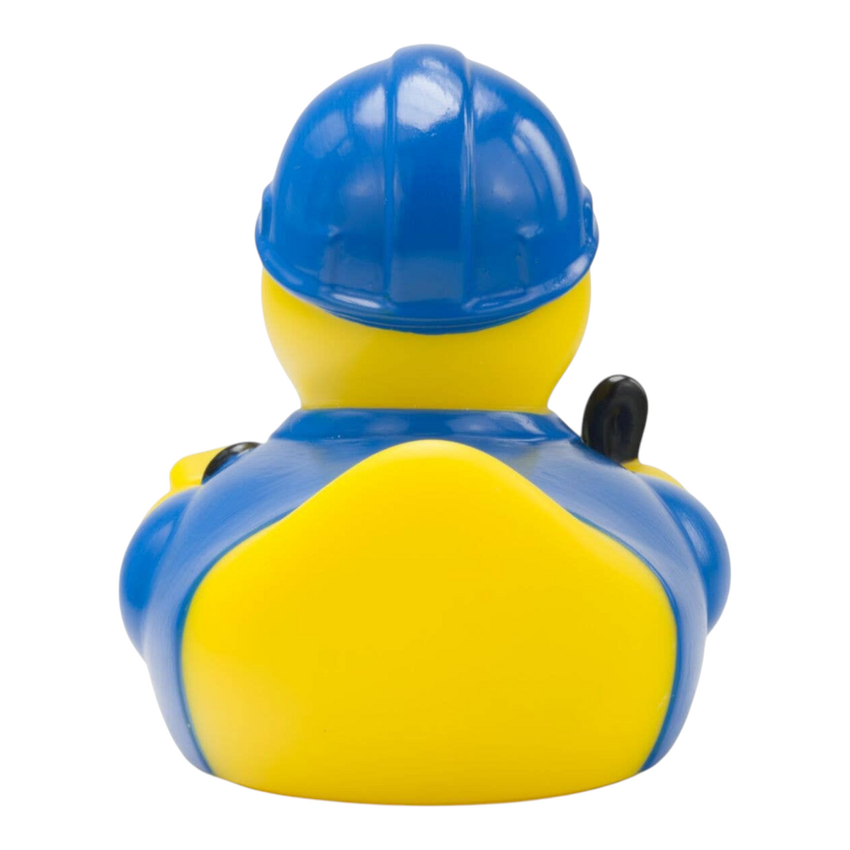 Connemara Country Erik the Electrician rubber duck wearing a blue hard hat and work uniform, rear view.