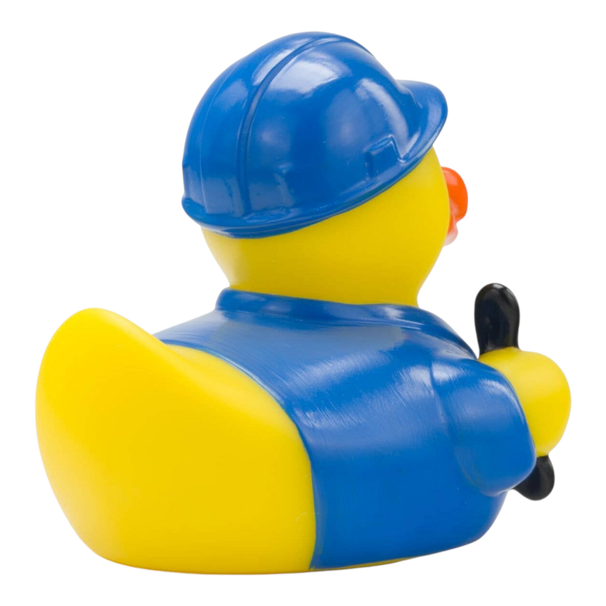 Connemara Country Erik the Electrician rubber duck wearing a blue hard hat and work uniform, back view