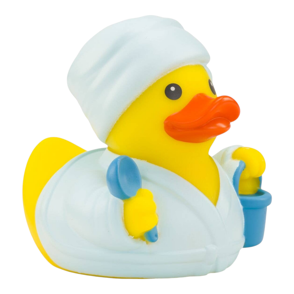 Connemara Country Antonia sauna rubber duck wearing a white bathrobe and towel turban with a blue bucket and ladle.