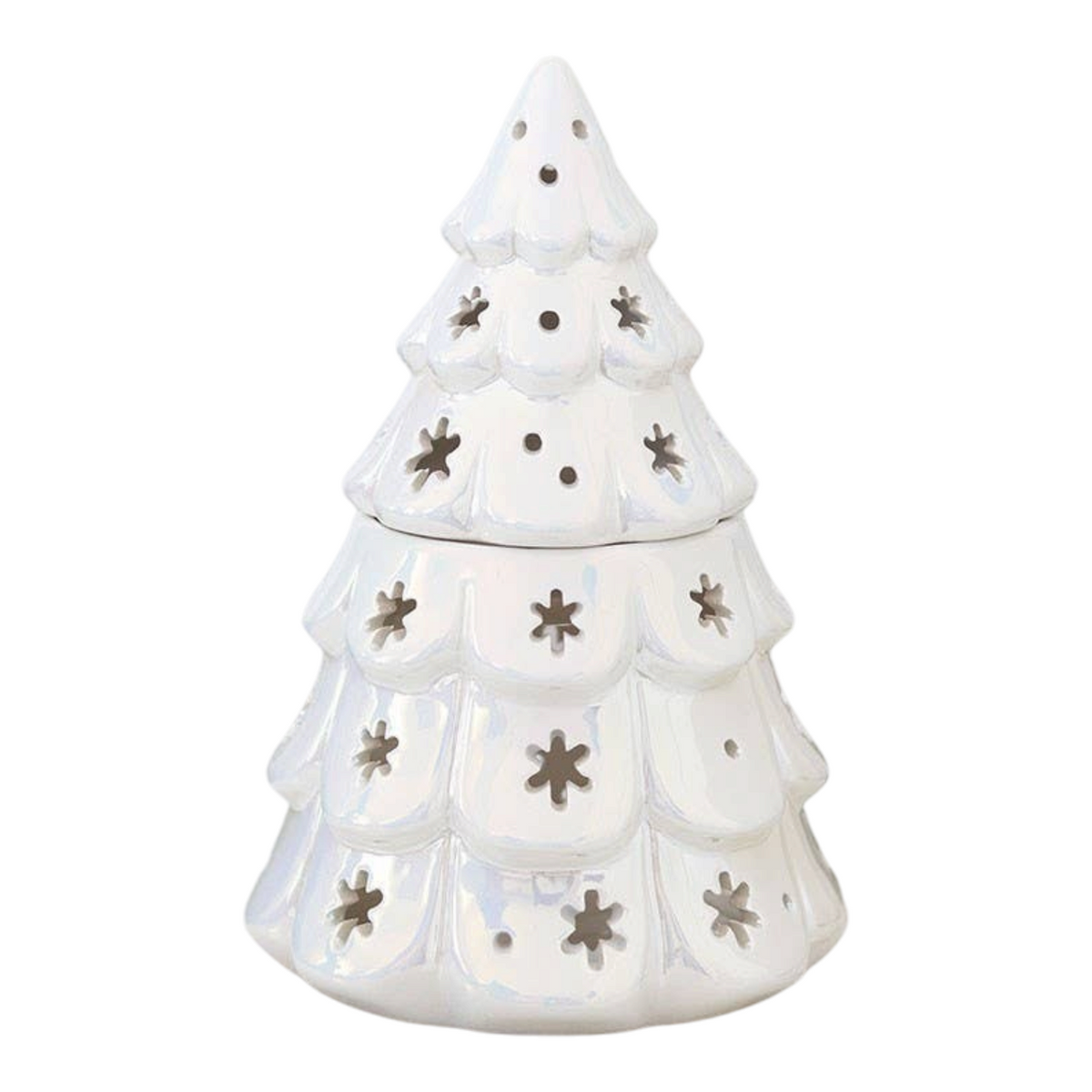 Connemara Country iridescent white fir tree oil burner with star cutouts for festive home fragrance and decor.