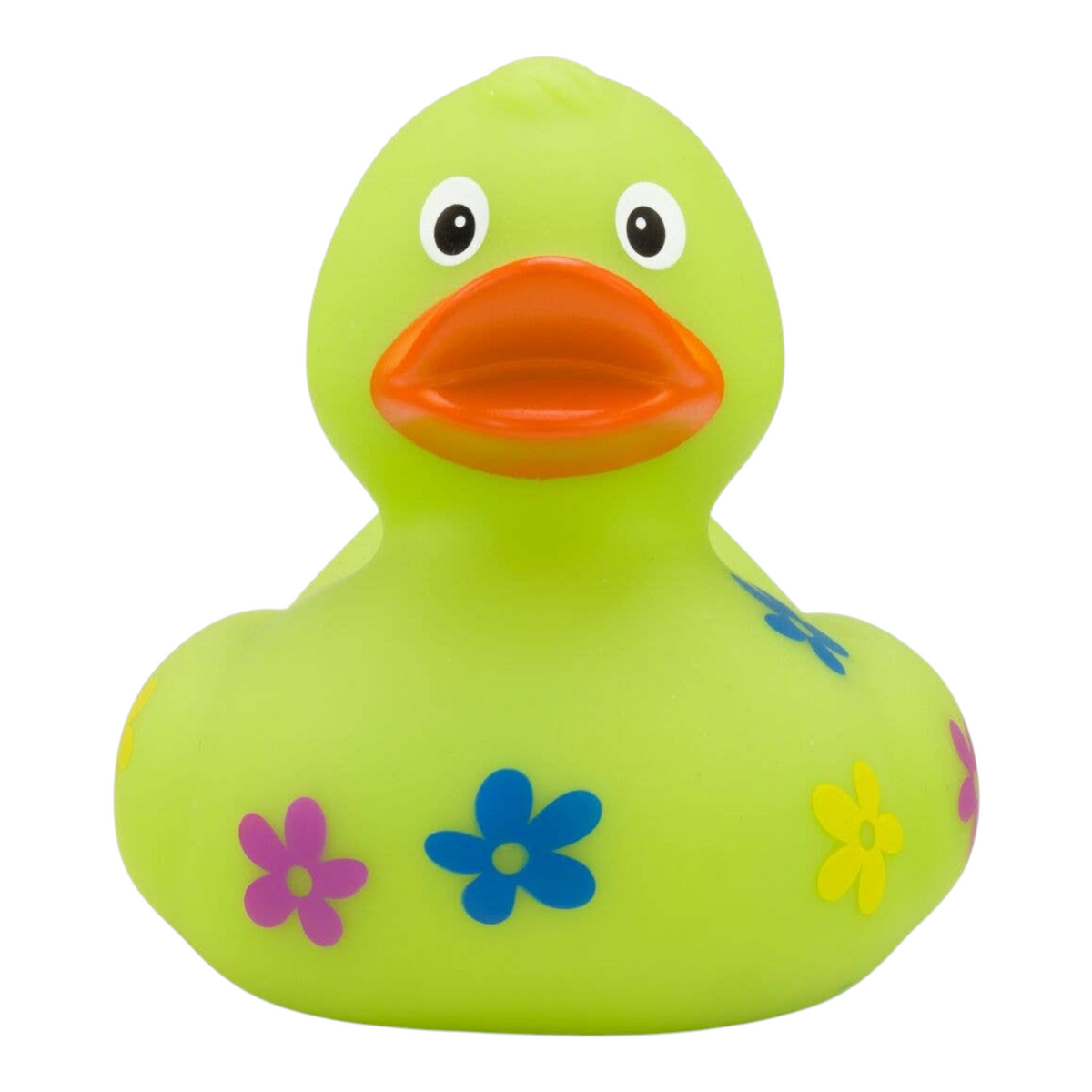 Connemara Country Beate rubber duck in bright green with colorful blue, yellow, and purple flower meadow motifs.