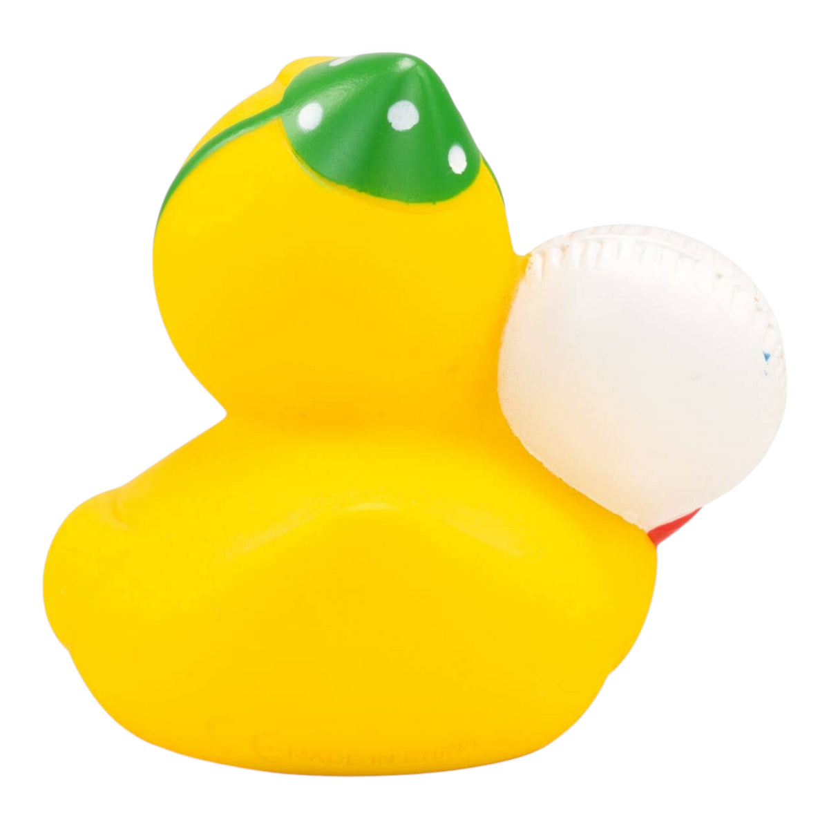 Connemara Country Betty's Birthday rubber duck with green party hat and white balloon, back view