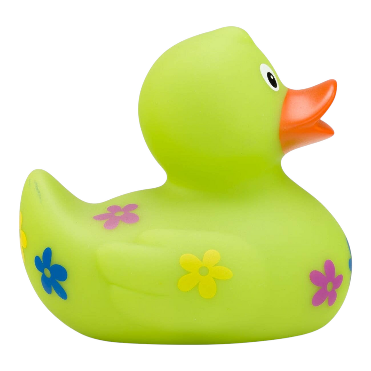 Connemara Country Beate rubber duck in bright green with colorful blue, yellow, and purple flower motifs