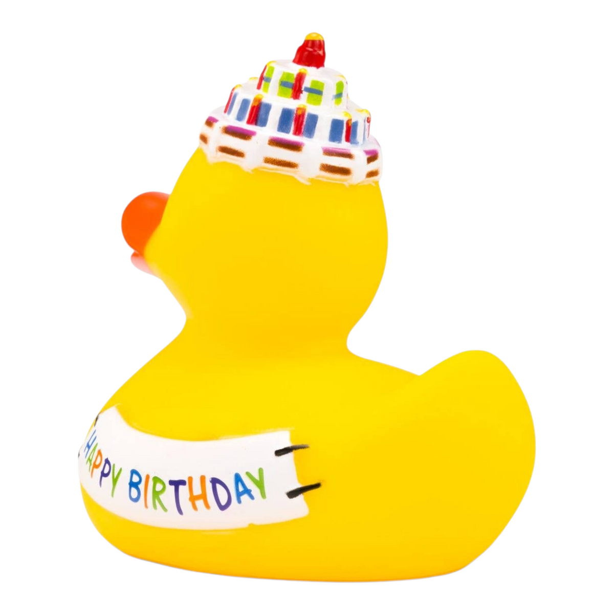 Connemara Country yellow rubber duck wearing a birthday cake hat and a Happy Birthday banner, back view