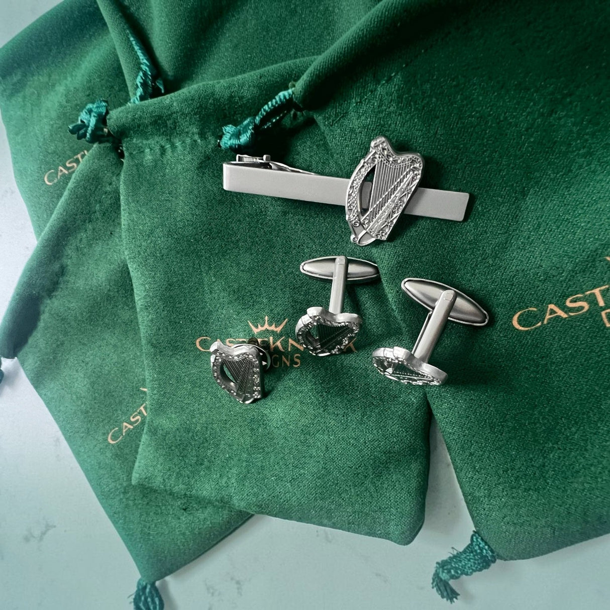 CastleKnock Designs Irish Harp Silver Plated Cufflinks Tie Clip and Suit Pin