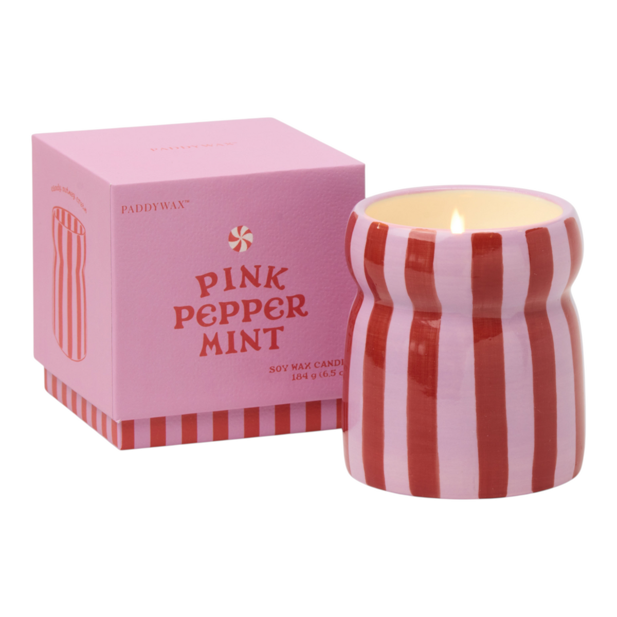 Connemara Country Paddywax Cabana ceramic candle with red and pink stripes and pink peppermint scent in gift box