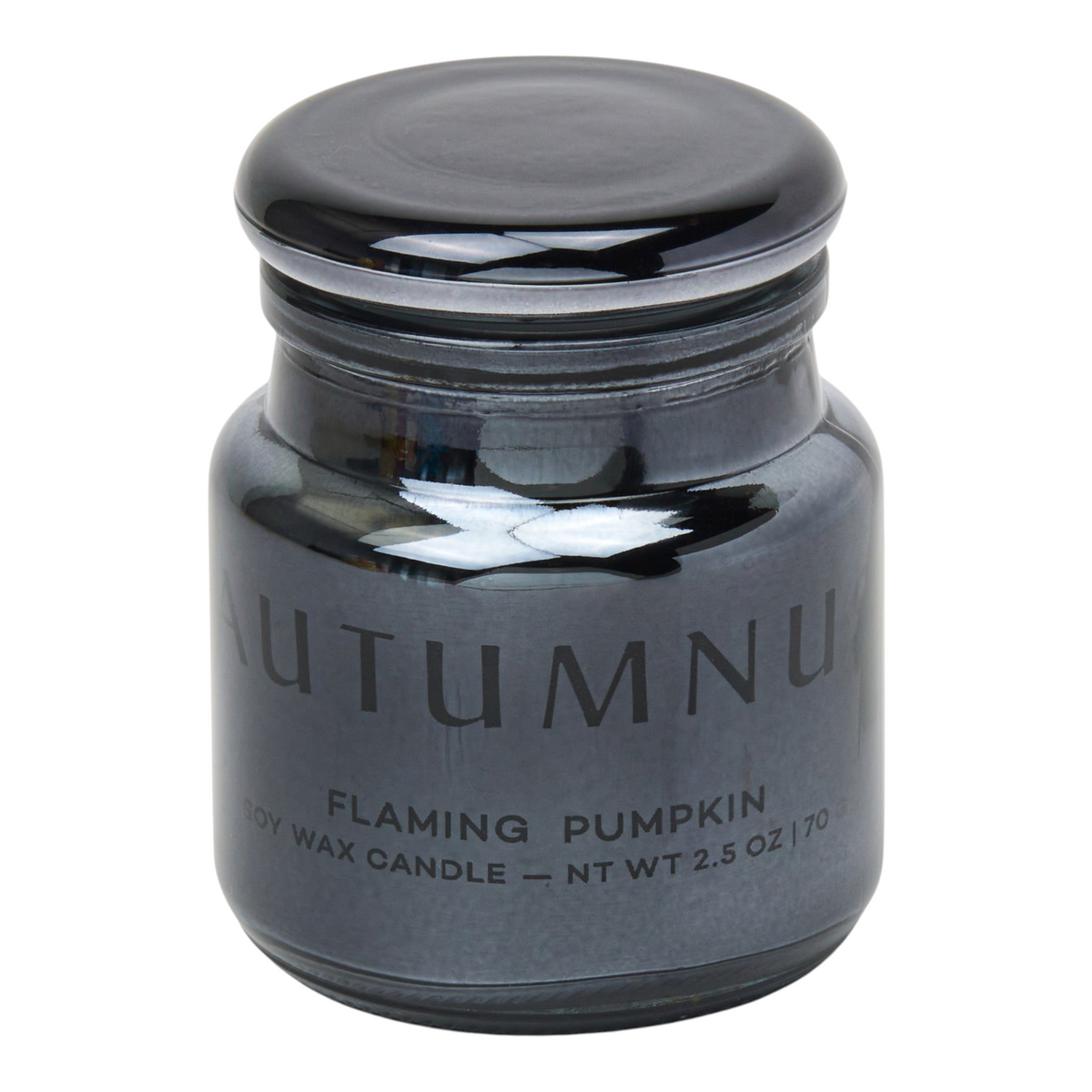 Connemara Country Paddywax Autumnus Flaming Pumpkin soy wax candle in a small metallic black glass jar with a lid.