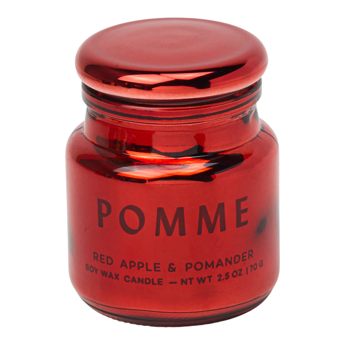 Connemara Country Paddywax Pomme red metallic glass candle with lid, featuring Red Apple and Pomander scent.