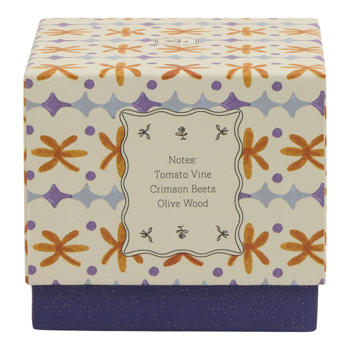 Connemara Country Paddywax Tulip candle box with orange and purple floral pattern and scent notes on the front label