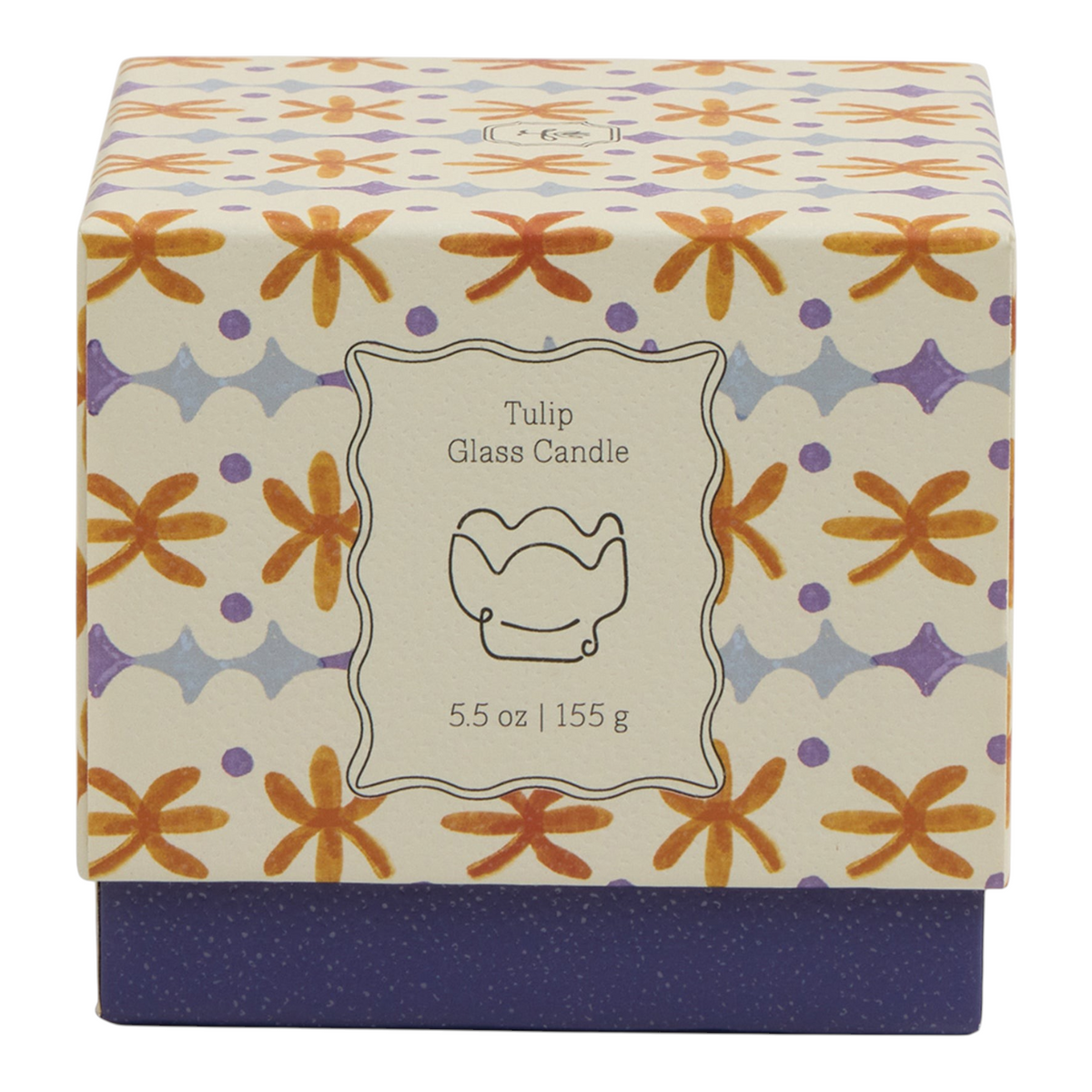 Connemara Country Paddywax Tulip glass candle in a decorative orange and blue floral patterned box