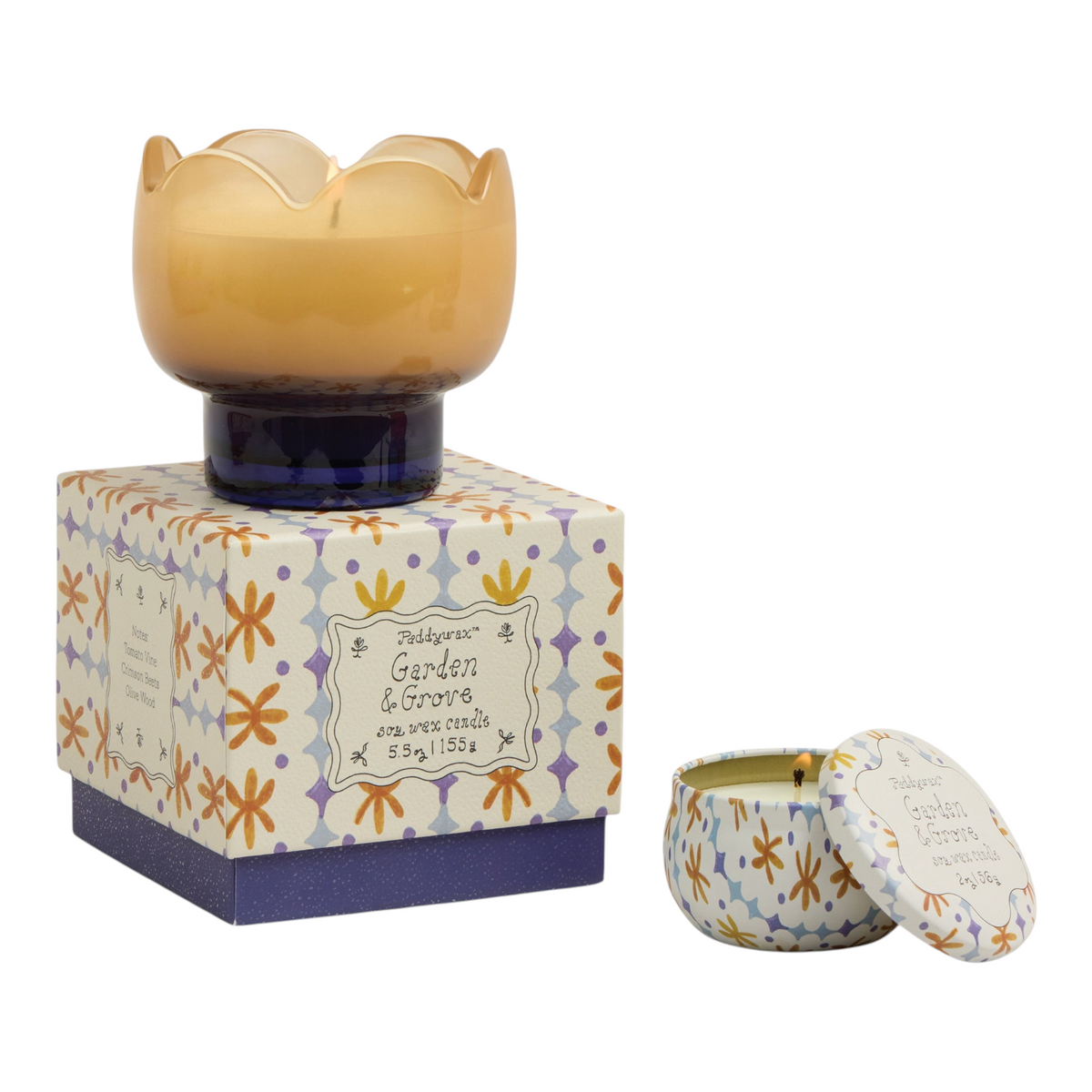 Connemara Country Paddywax Tulip glass candle in orange and blue with matching patterned box and travel tin