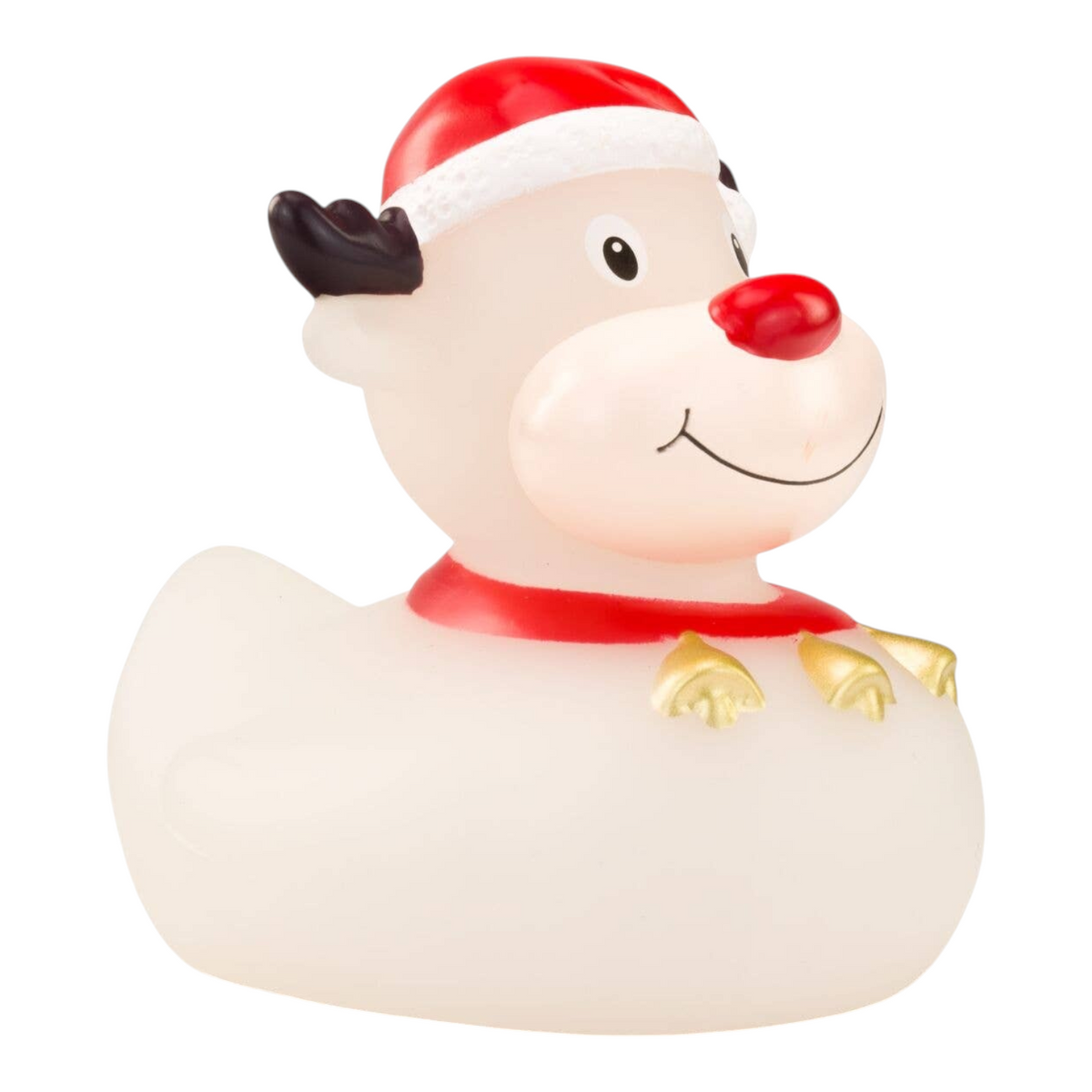 Connemara Country Rudolph the Reindeer rubber duck with a red nose, Christmas hat, and collar with golden bells.