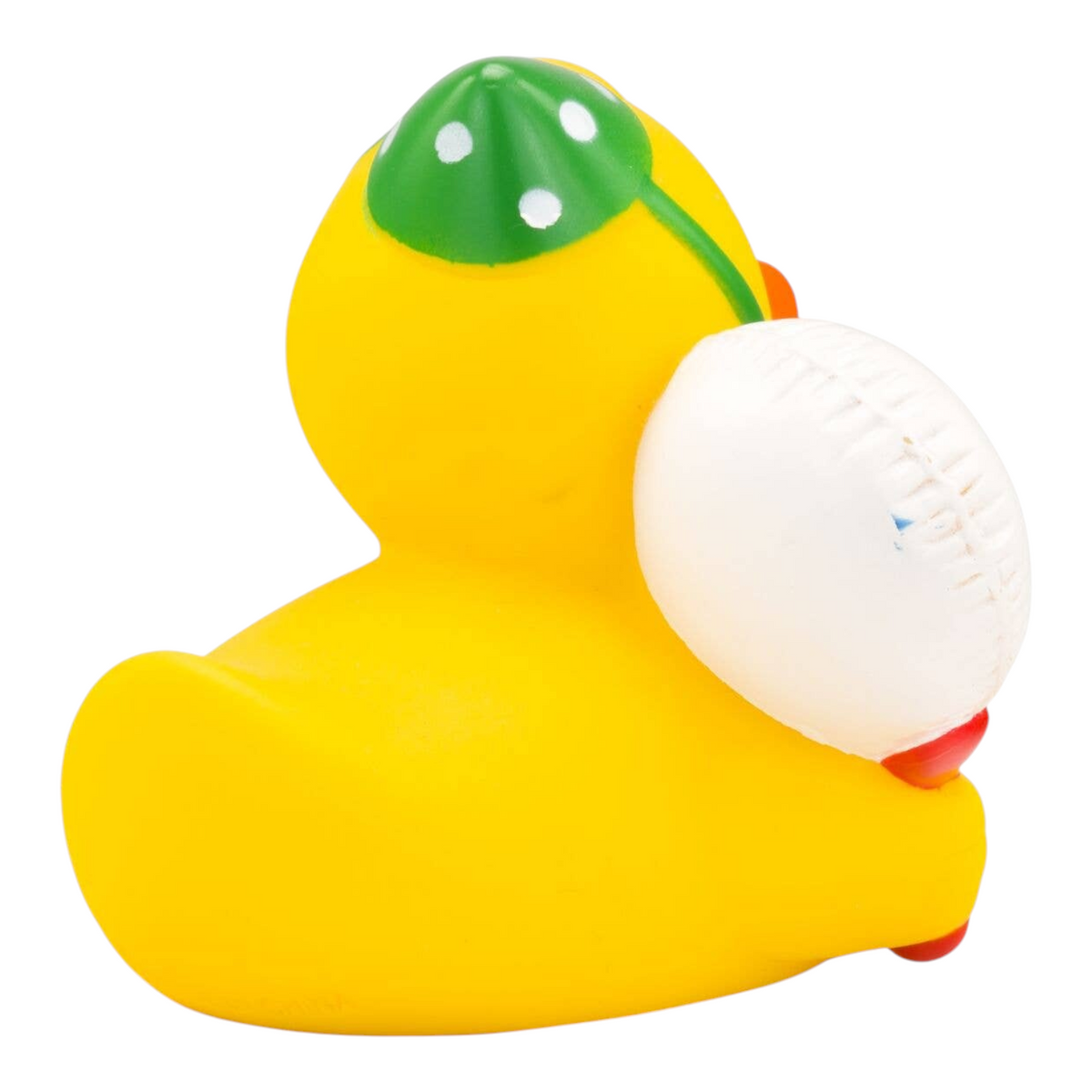 Connemara Country ROEMER WELLNESS Betty birthday rubber duck with green party hat and white balloon, side view