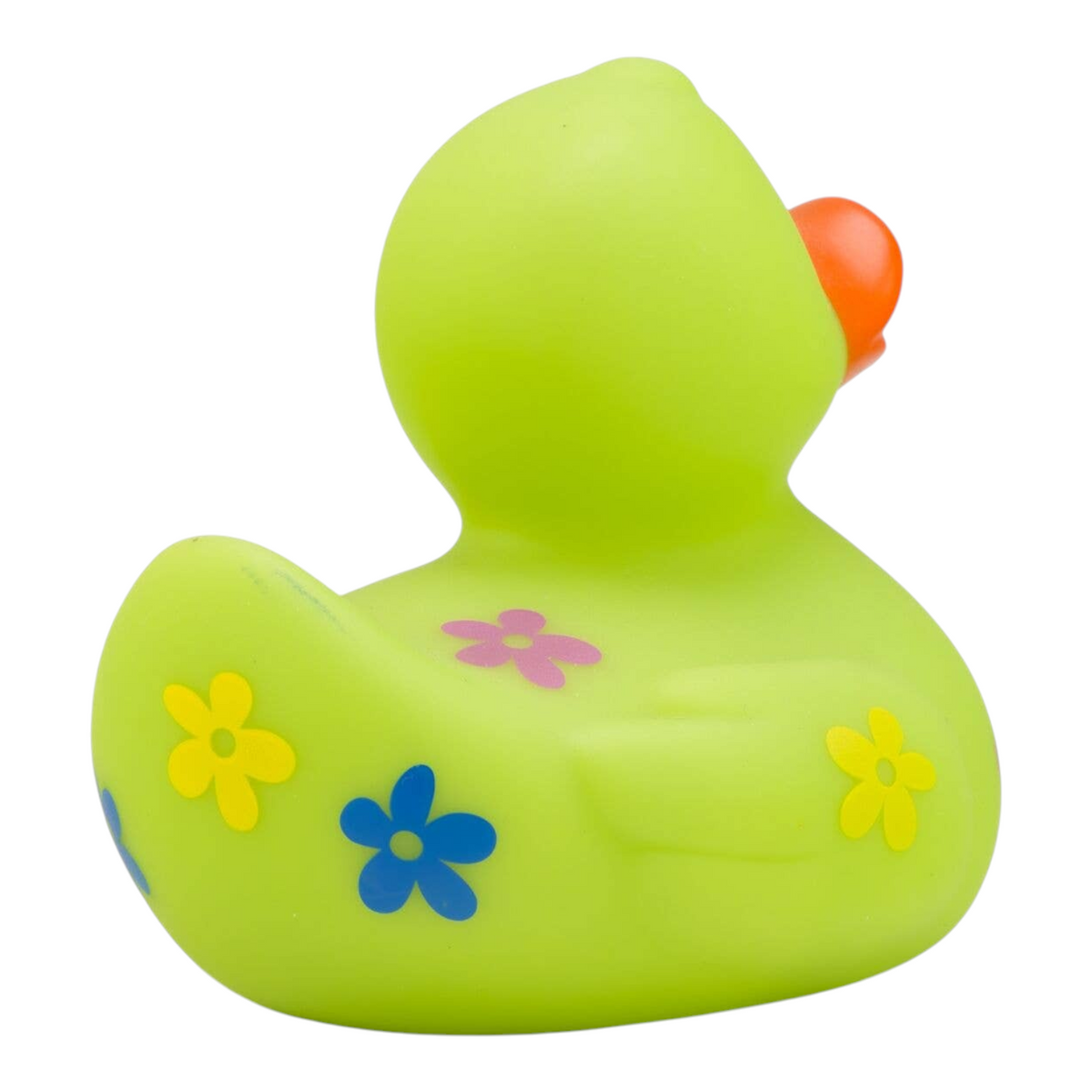 Connemara Country Beate rubber duck in bright green with colorful flower patterns and an orange beak