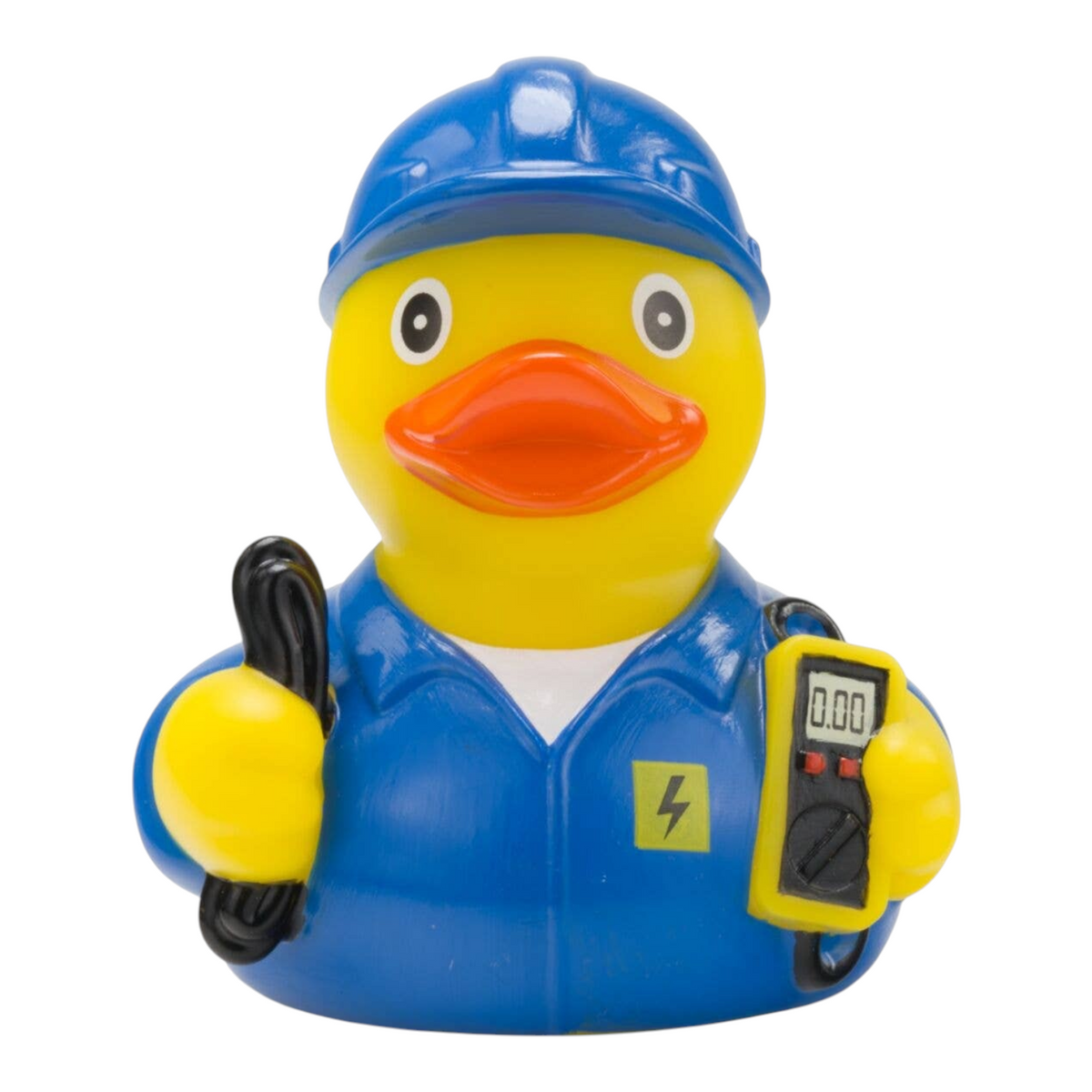 Connemara Country Erik the Electrician rubber duck wearing a blue hard hat and uniform with a cable and multimeter