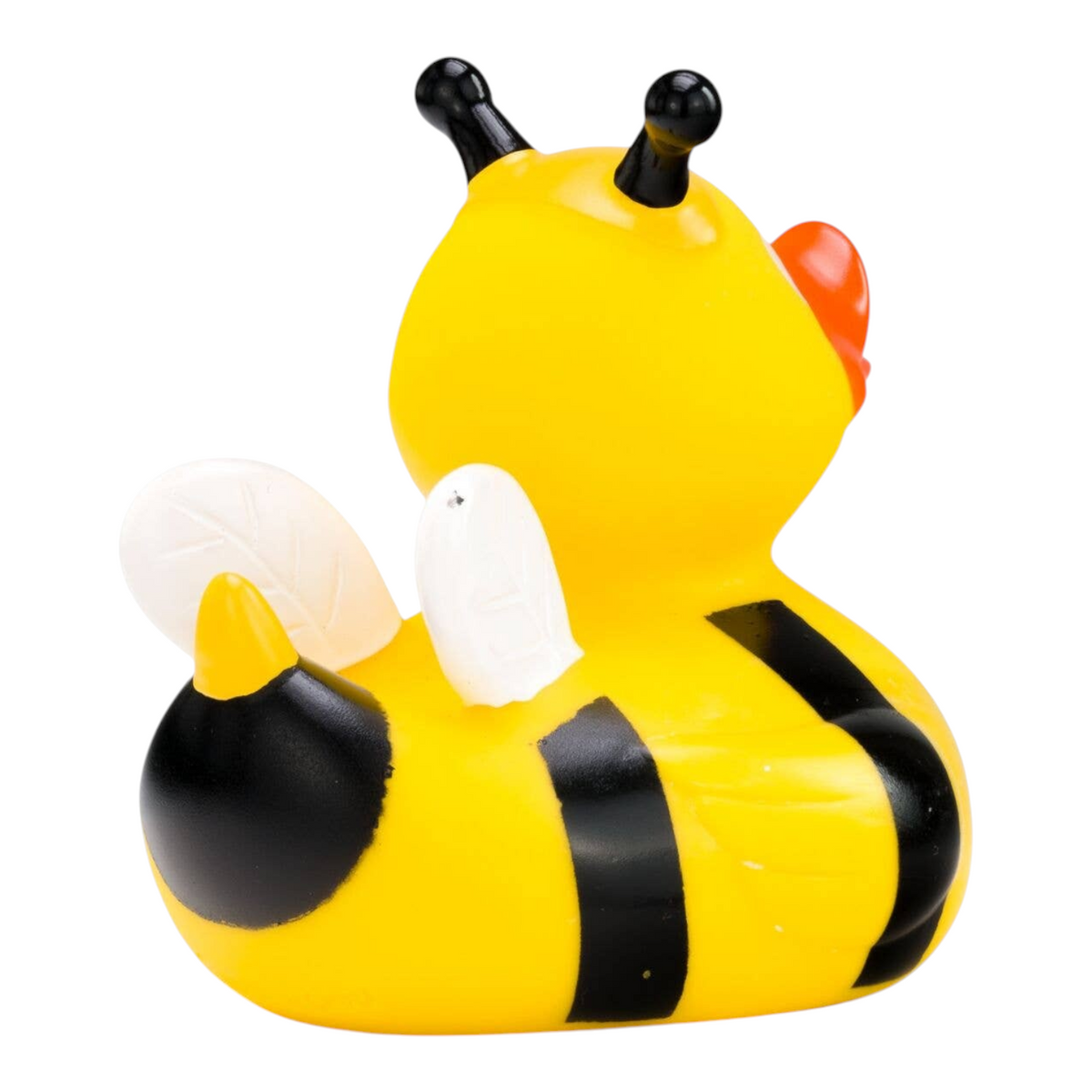 Connemara Country Susi Summ rubber duck designed as a yellow and black striped honeybee with white wings and antennas.