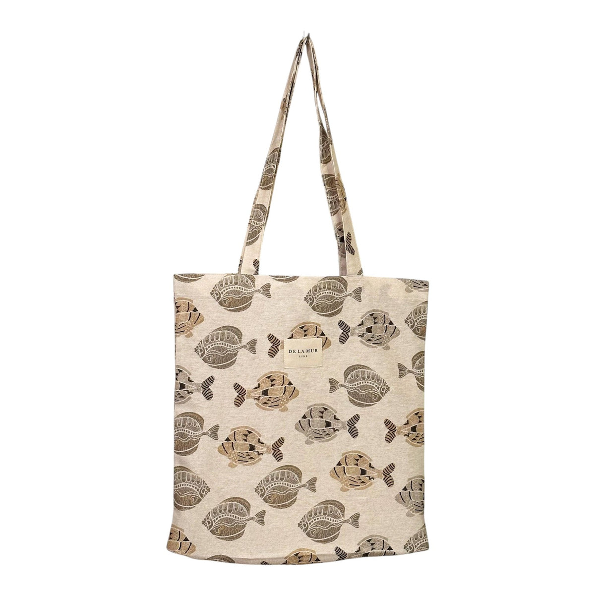 Connemara Country De La Mur Taba fabric tote bag in beige with a brown fish print and shoulder straps