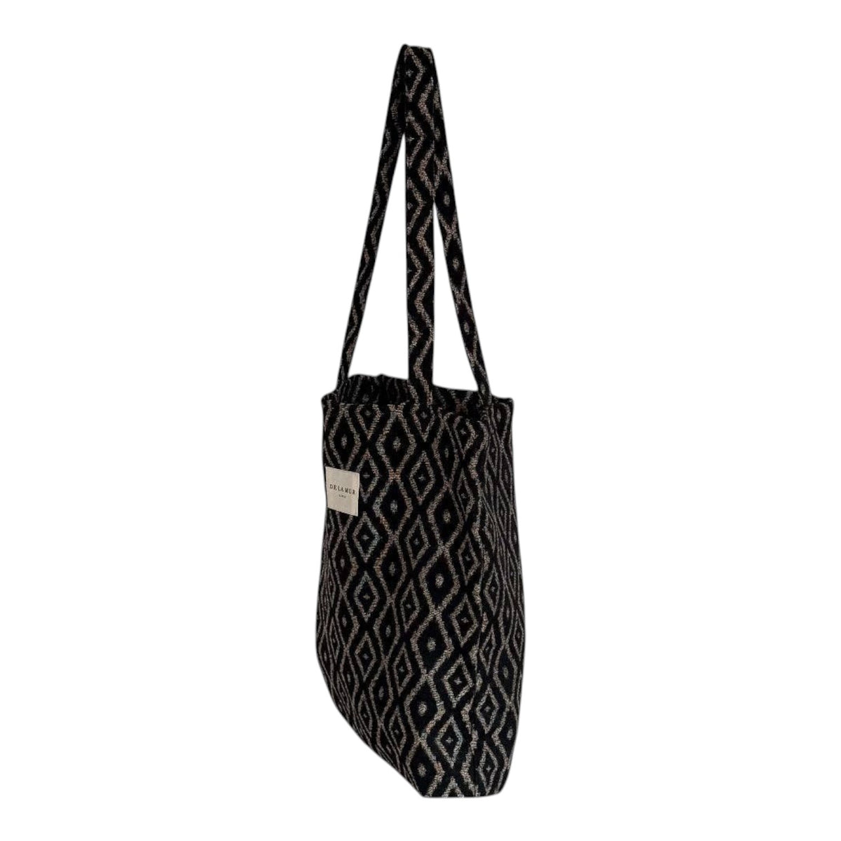 Connemara Country De La Mur small black jacquard tote bag with a geometric diamond pattern and shoulder straps
