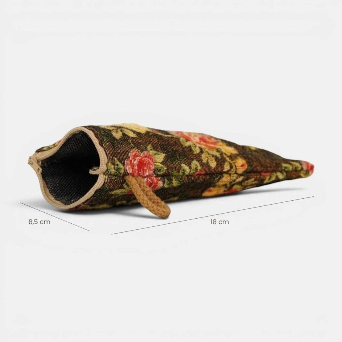 Connemara Country De La Mur floral jacquard glasses case in red and yellow on brown with a beige cord handle