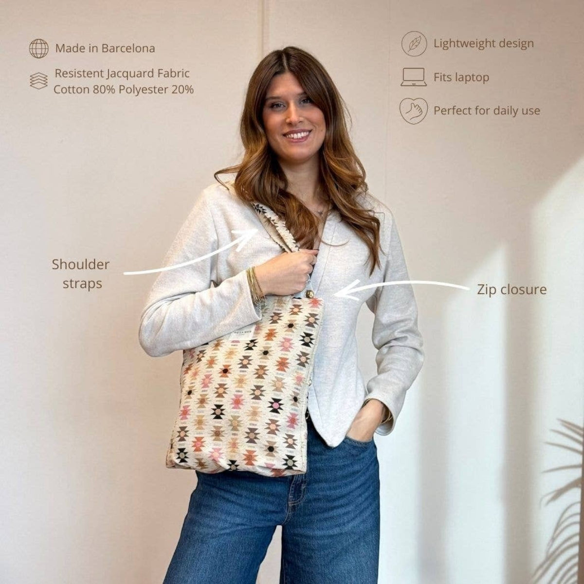 Connemara Country small tote bag in pink and orange geometric jacquard fabric with shoulder straps and zip closure
