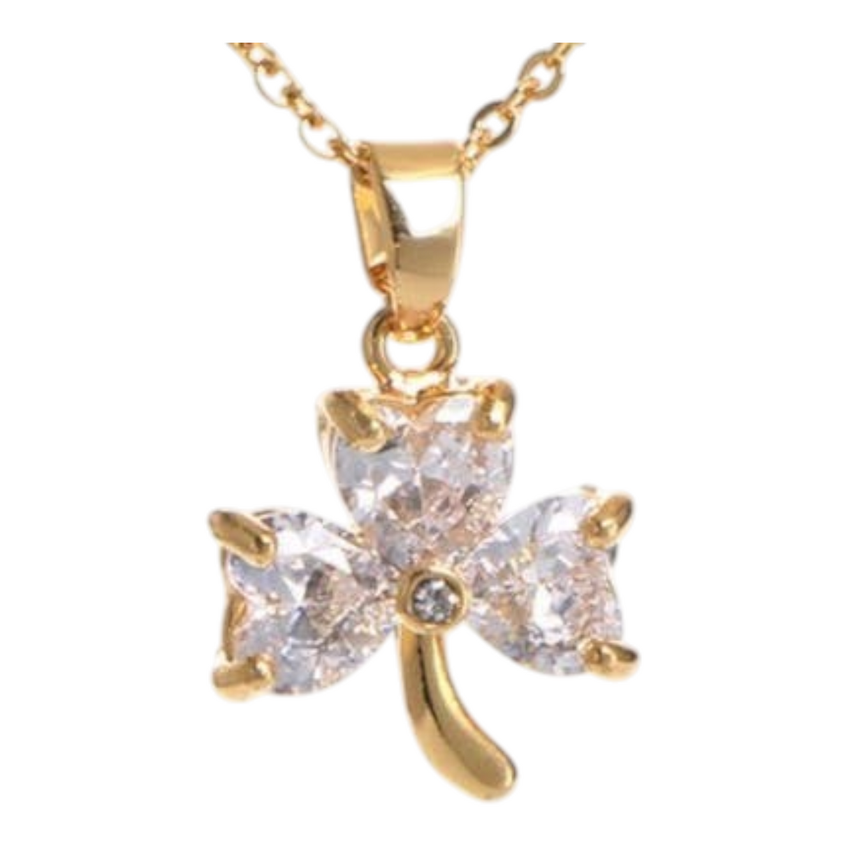 Connemara Country gold plated shamrock pendant featuring three clear heart-shaped stones on a delicate gold chain.