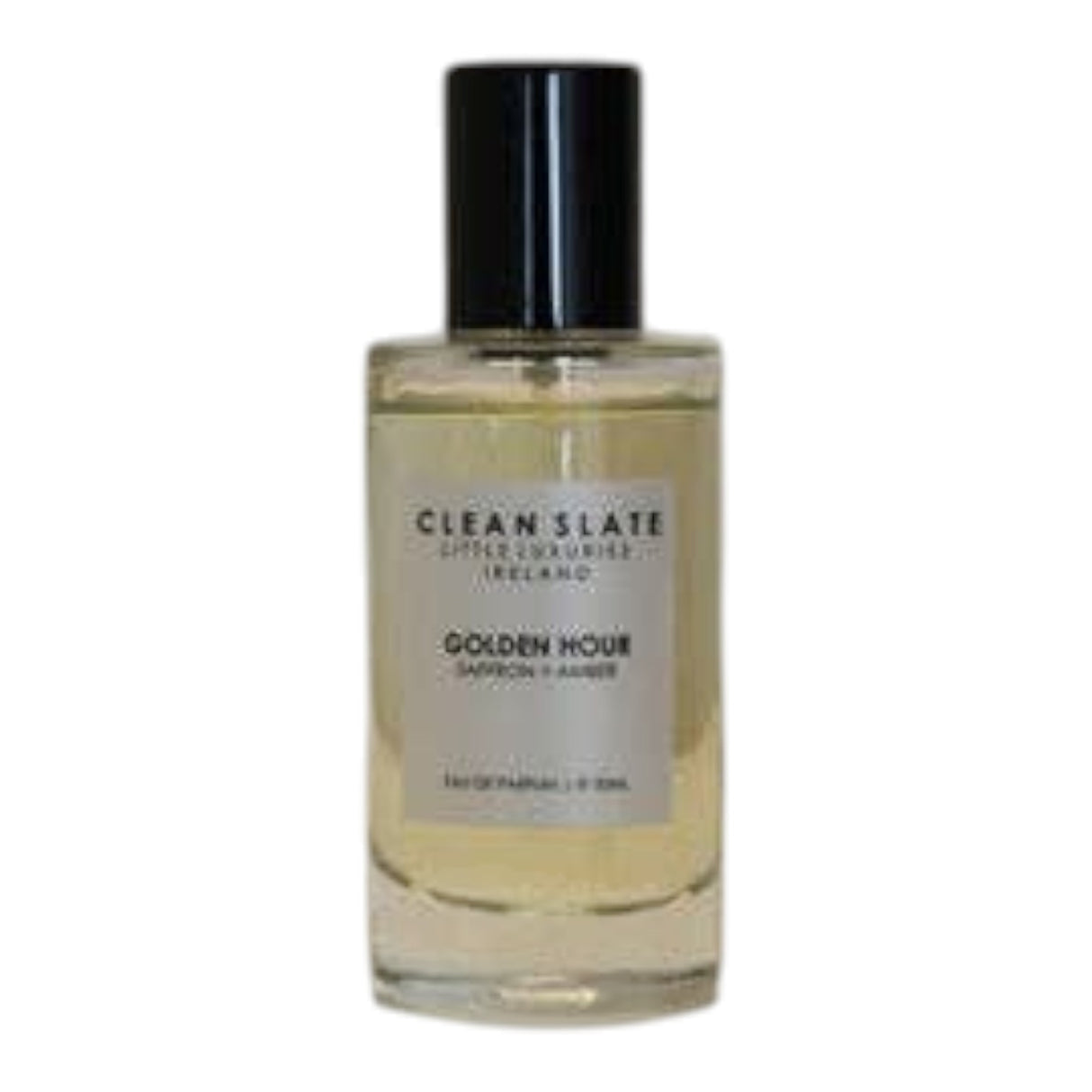 Connemara Country CLEAN SLATE Golden Hour Saffron + Amber Eau de Parfum 50ml bottle with black cap.
