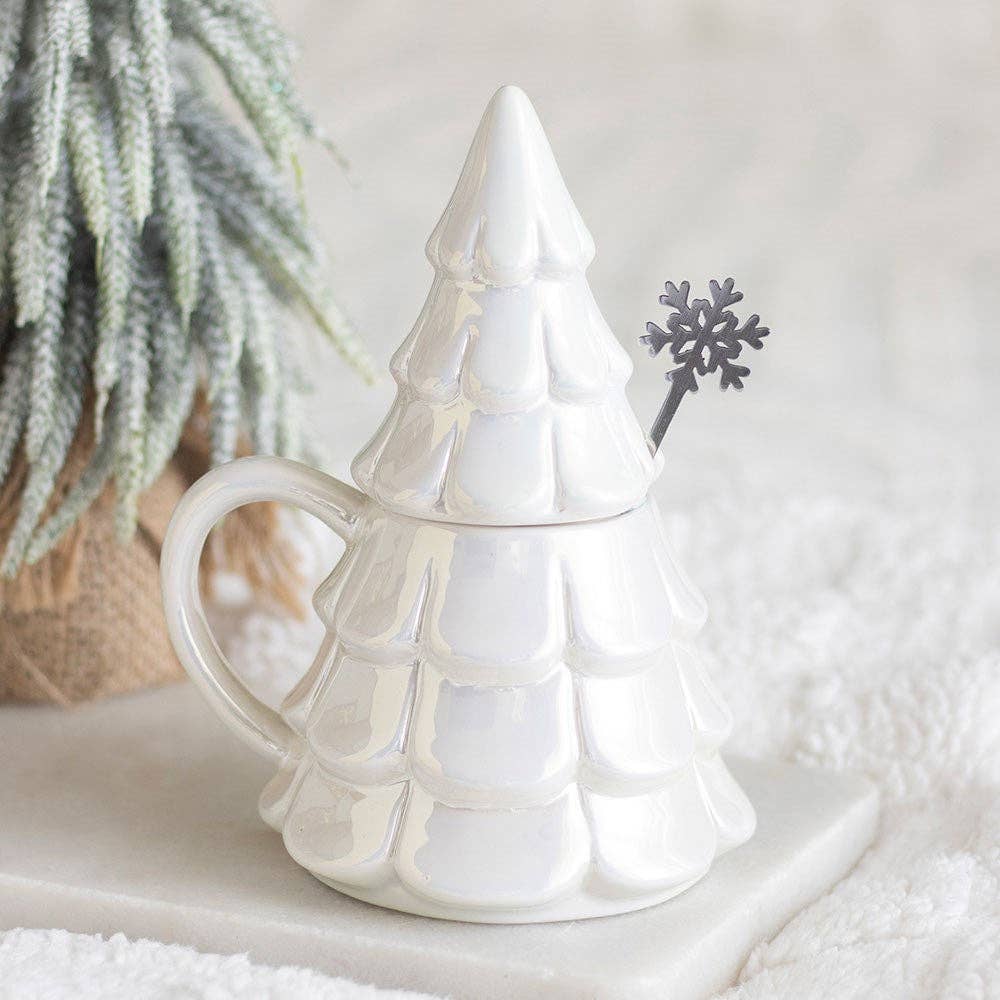 Connemara Country iridescent white fir tree shaped mug with a matching snowflake spoon for festive winter drinks.