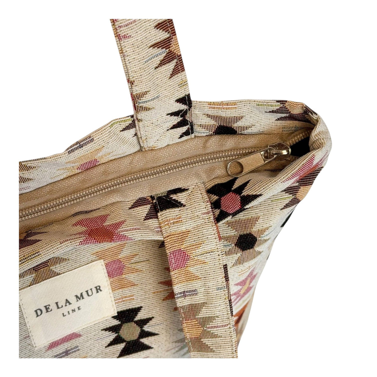 Connemara Country De La Mur small tote bag in beige jacquard fabric with pink and orange geometric print and zipper