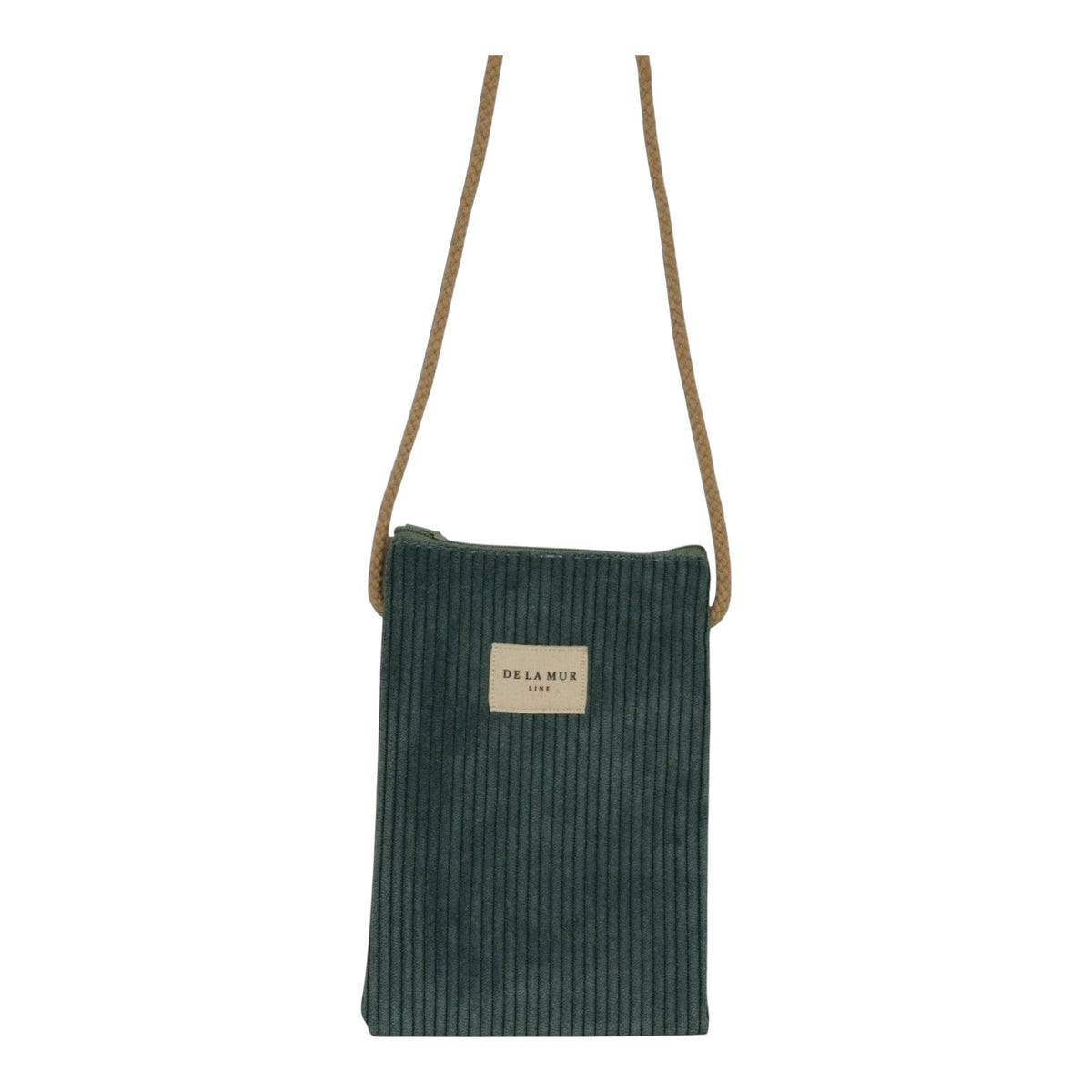 Connemara Country De La Mur jade green corduroy crossbody phone pouch with a long beige cotton cord and zipper top.
