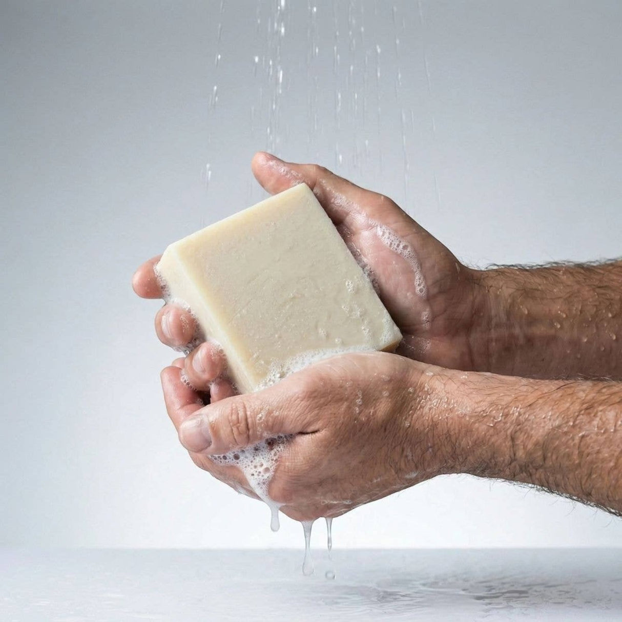 Connemara Country The Black Stuff lime and aloe soap bar being lathered under running water in hands
