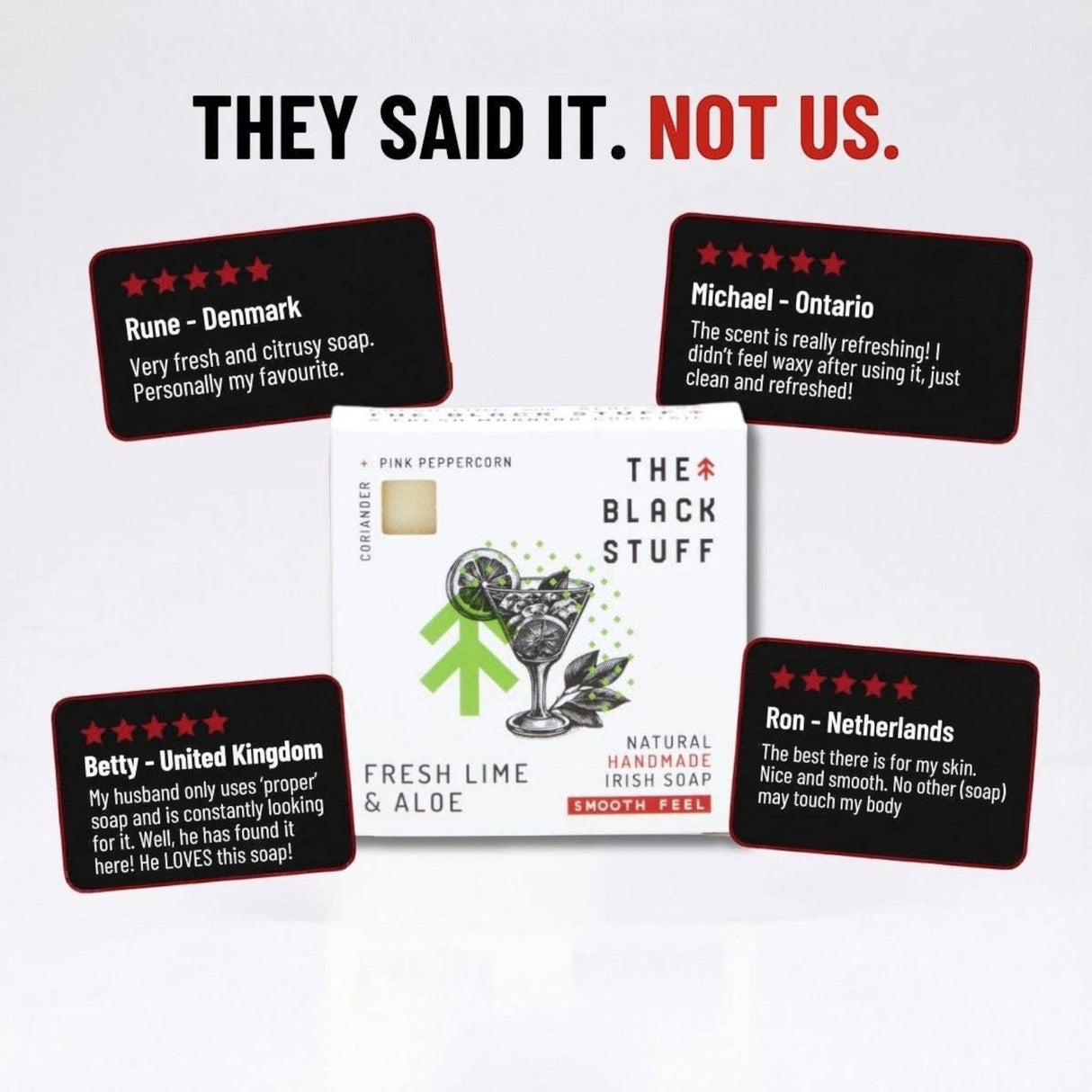 Connemara Country The Black Stuff Fresh Lime and Aloe soap bar in packaging surrounded by customer reviews