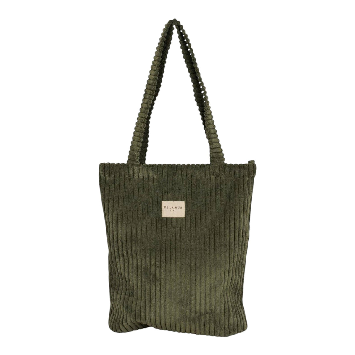 Connemara Country De La Mur small moss green wide-wale corduroy tote bag with shoulder straps and top zipper closure.