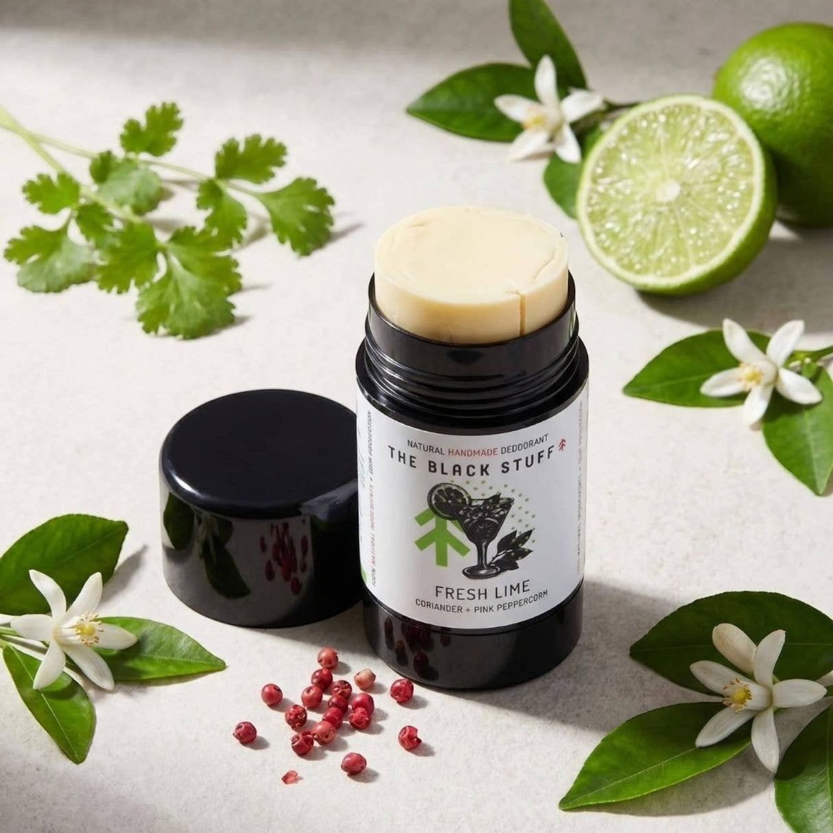 Connemara Country The Black Stuff natural deodorant stick in fresh lime, coriander, and pink peppercorn scent