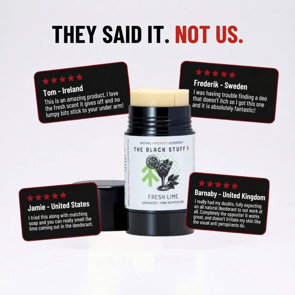 Connemara Country The Black Stuff natural deodorant in Fresh Lime scent with customer review testimonials
