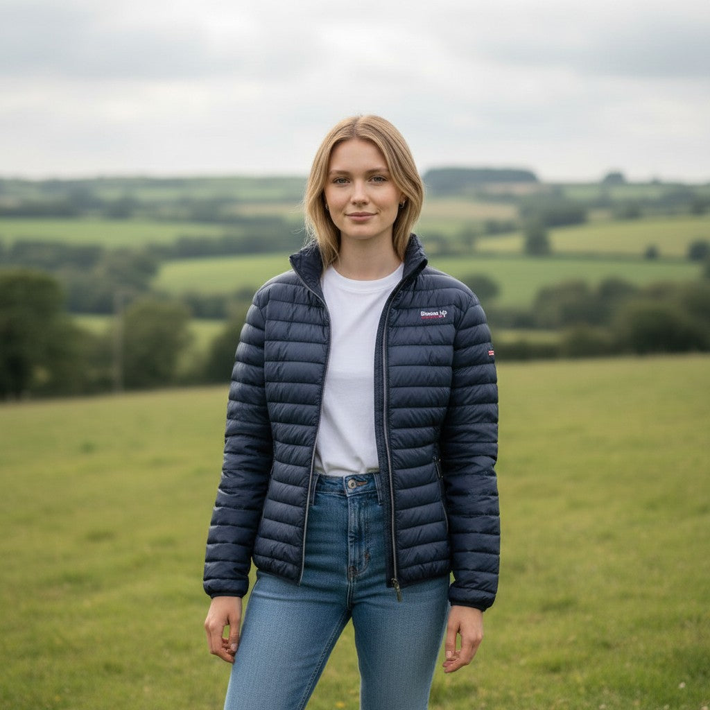 Connemara Country navy blue nylon padded jacket with full zip and dual zip pockets.