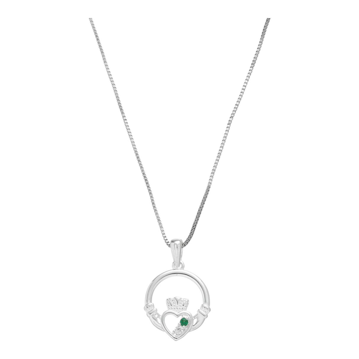 Connemara Country sterling silver Claddagh pendant featuring two vibrant green stones on a delicate silver chain.