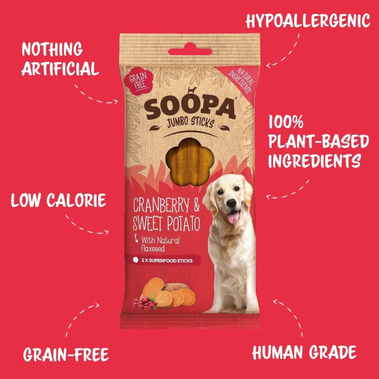 Connemara Country Soopa cranberry and sweet potato jumbo dental sticks for dogs in a grain-free, plant-based pack.