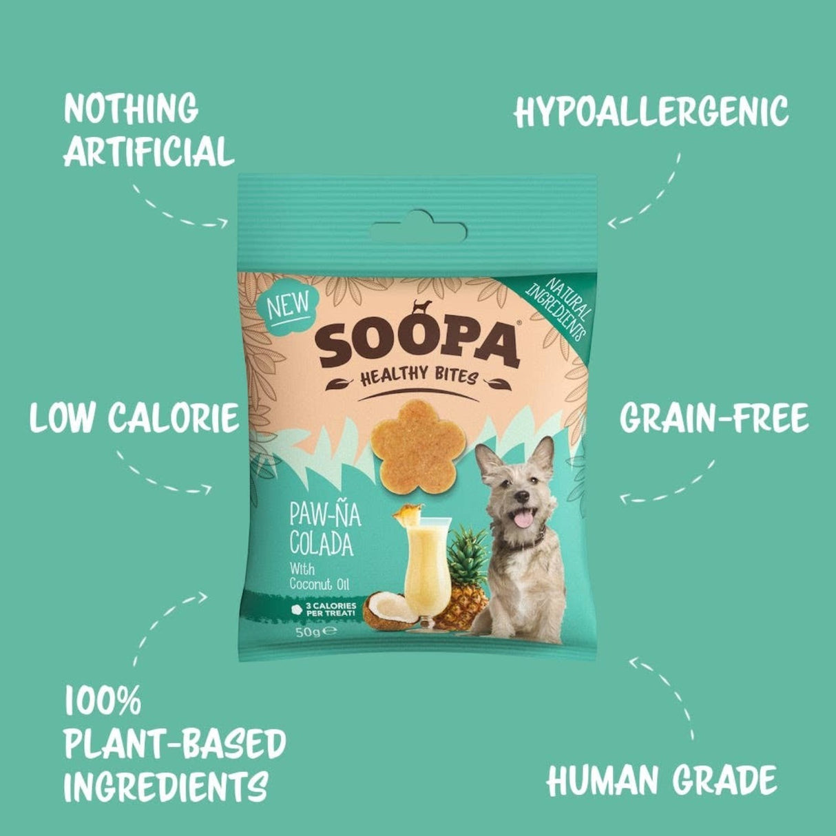 Connemara Country Soopa Paw-Na Colada grain-free dog treats in a teal pouch with coconut and pineapple illustrations.