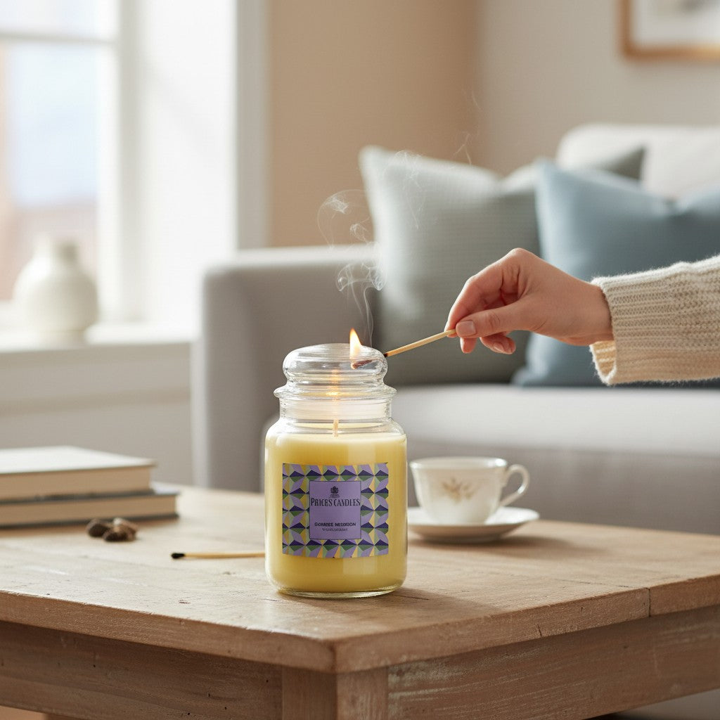 Connemara Country large yellow scented candle in glass jar with lid, Sunrise Infusion scent, 560g, 100-130 hour burn time.