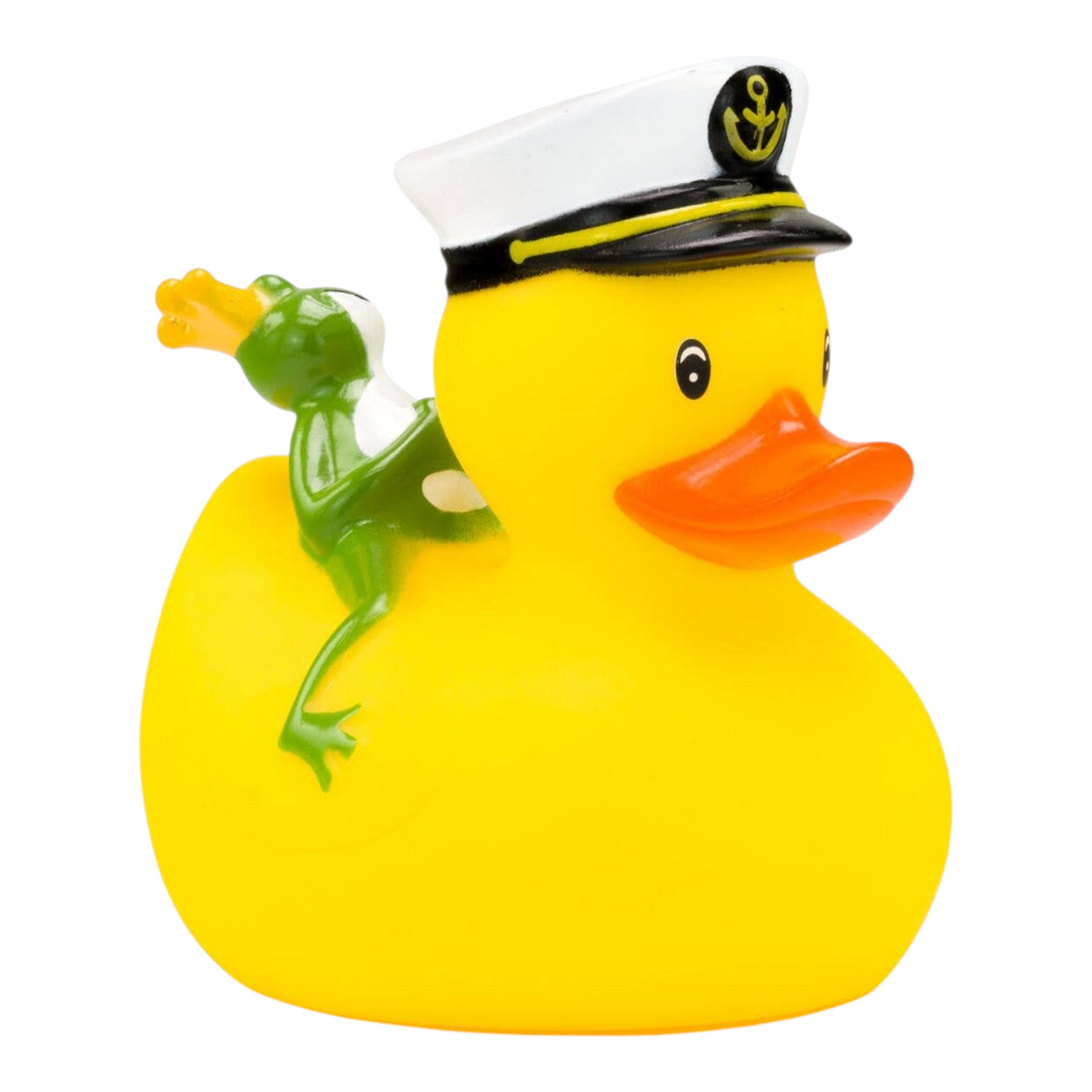 Connemara Country yellow rubber duck wearing a captain hat with a gold anchor and a green frog king on its back.